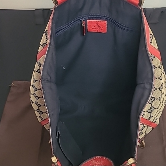 GUCCI VINTAGE 90'S ABBEY TAN CANVAS W NAVY GG DIAMANTE, RED LEATHER/GOLD HRDWR - Picture 11 of 14